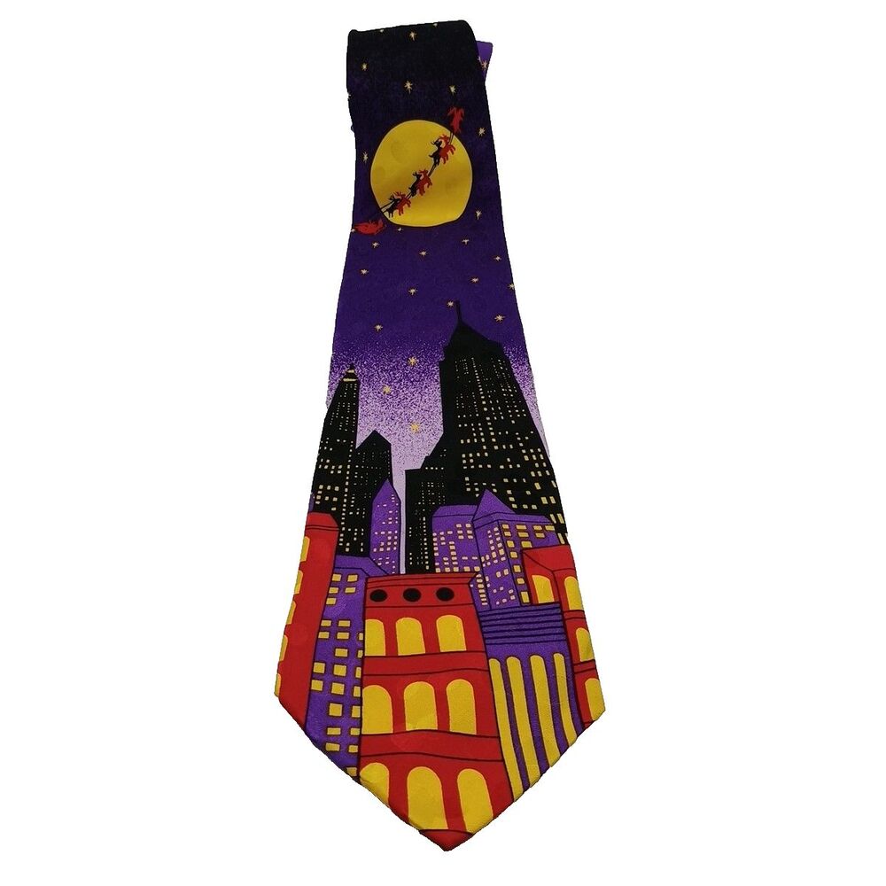 Addiction City Skyline Santa's Sleigh Christmas Tie 100% Silk Vintage 56"x4"